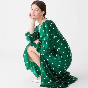 J Crew NEW Green White Polka Dot Sweetheart Long Sleeve Midi Dress Size 12